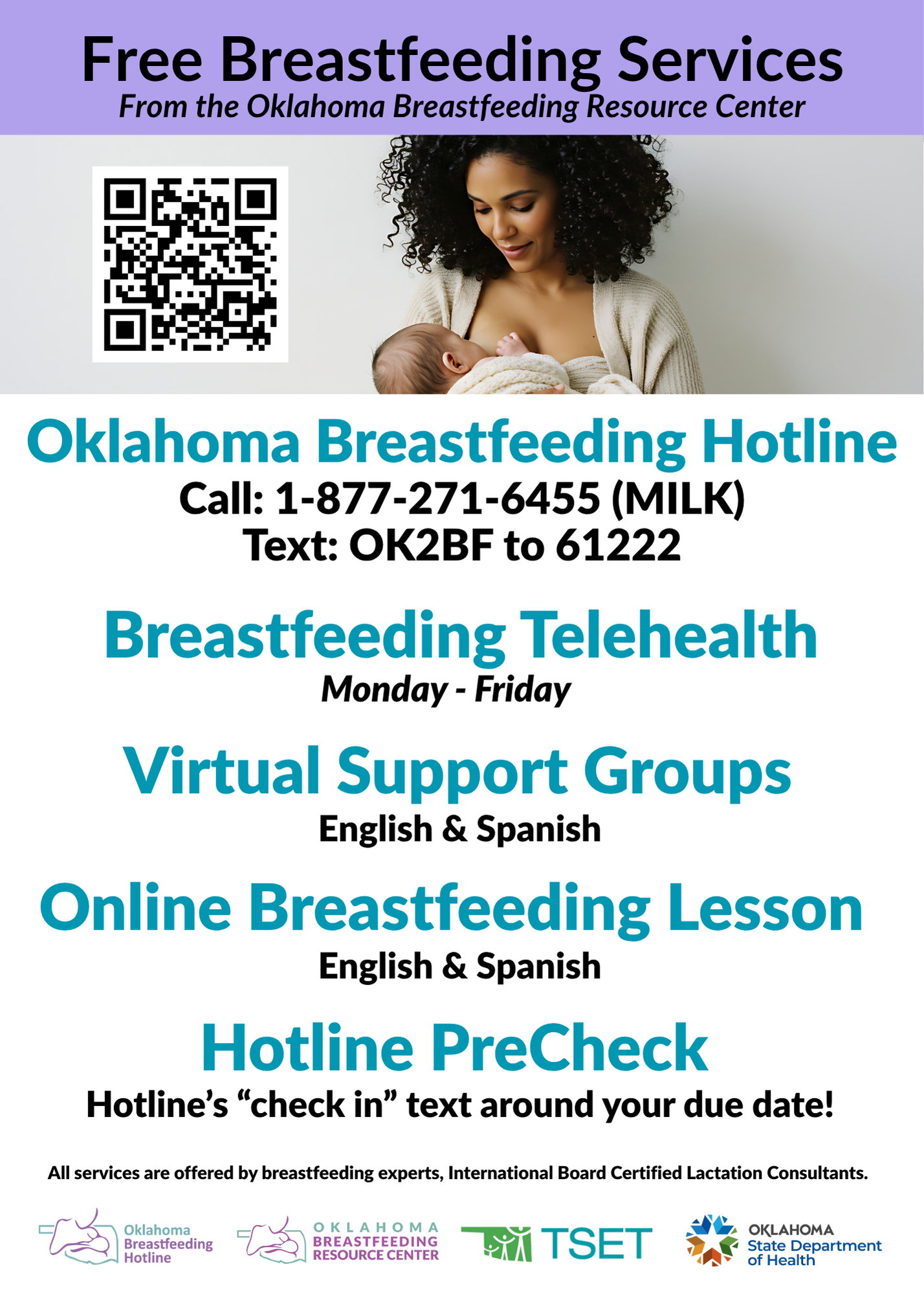 Image of a list of free breastfeeding services provided by OBRC with a QR code and a photo of a mom breastfeeding a baby.